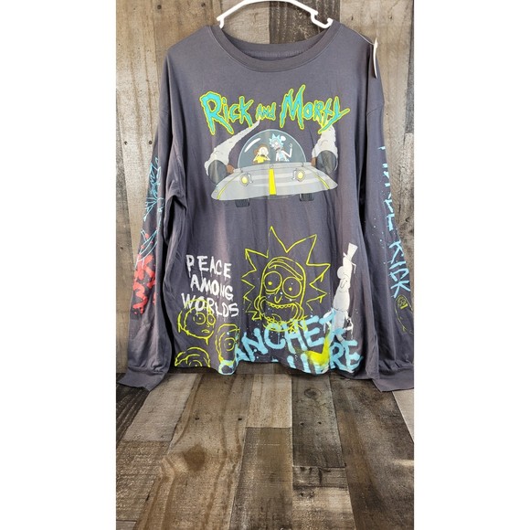 Rick and Morty Men Gray Long Sleeve Shirt Pickle Rick Peace Among World Size 2XL - Picture 1 of 6